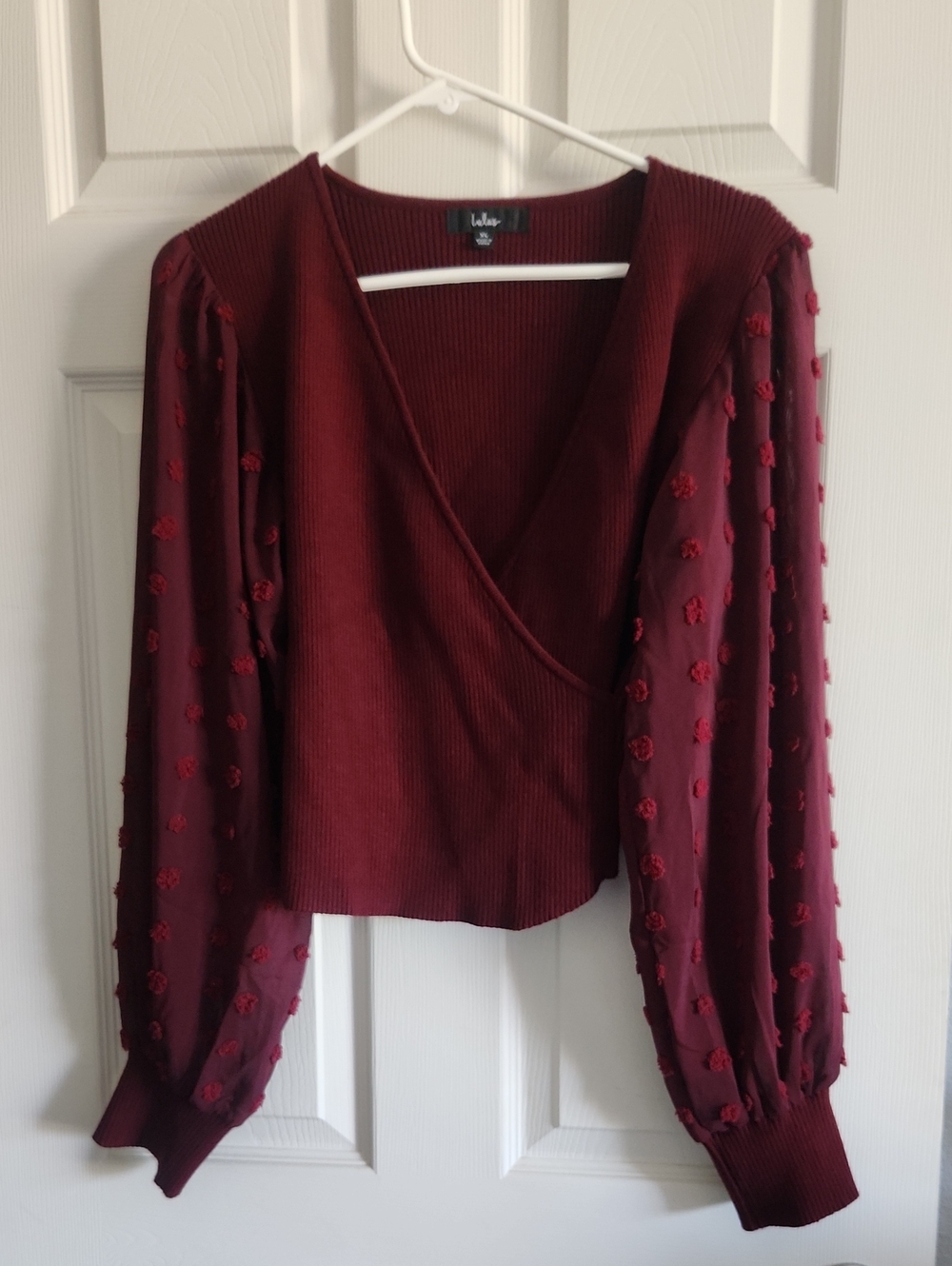 Lulu's Wine Red V-Neck Pom-Pom Balloon Sleeve Sweater